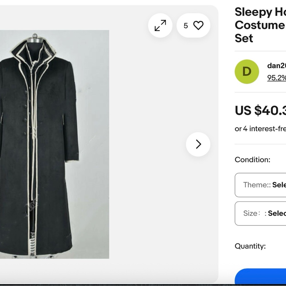 Ments Cosplay Sleepy HollowBlack Long Coat with White Trim with vest and coat.